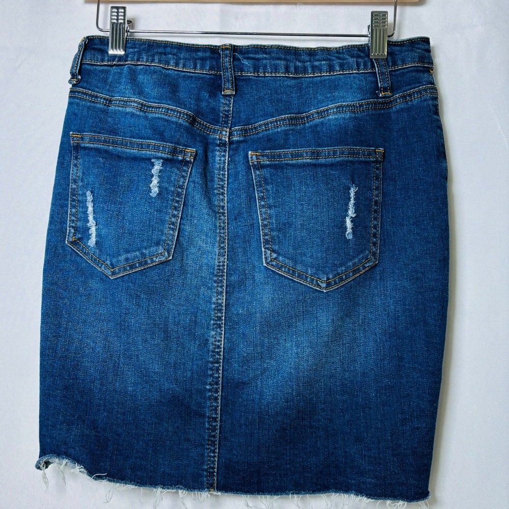 Wax Jean Denim Mini Skirt Womens Small Dark Blue Distressed Raw Hem - Picture 3 of 6
